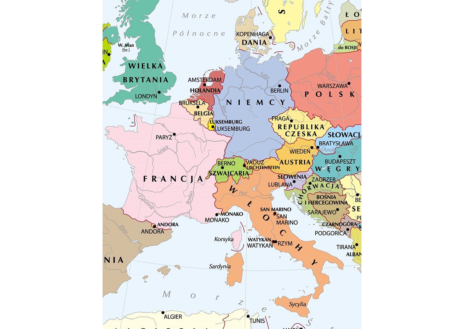 Grafika mapy przedstawiającej Europę Zachodnią - mapa polityczna.