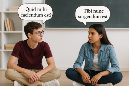 Zdjęcie przedstawia dwoje nastolatków siedzących na podłodze klasy ze skrzyżowanymi nogami. Chłopiec mówi: Quid mihi faciendum est?
Dziewczynka odpowiada mu: Tibi nunc surgendum est!
