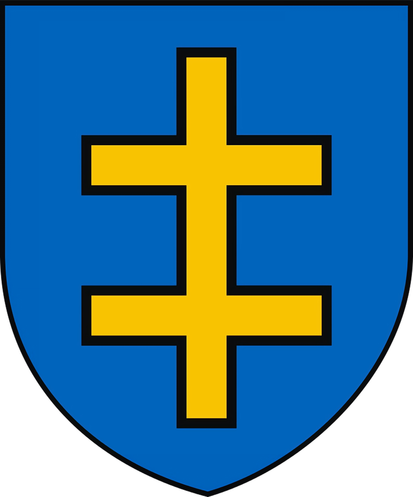 Ilustracja przedstawia herb, na którym na błękitnym polu znajduje się złoty podwójny krzyż kawalerski lub grecki, wzorowany na krzyżu andegaweńskim lub lotaryńskim.