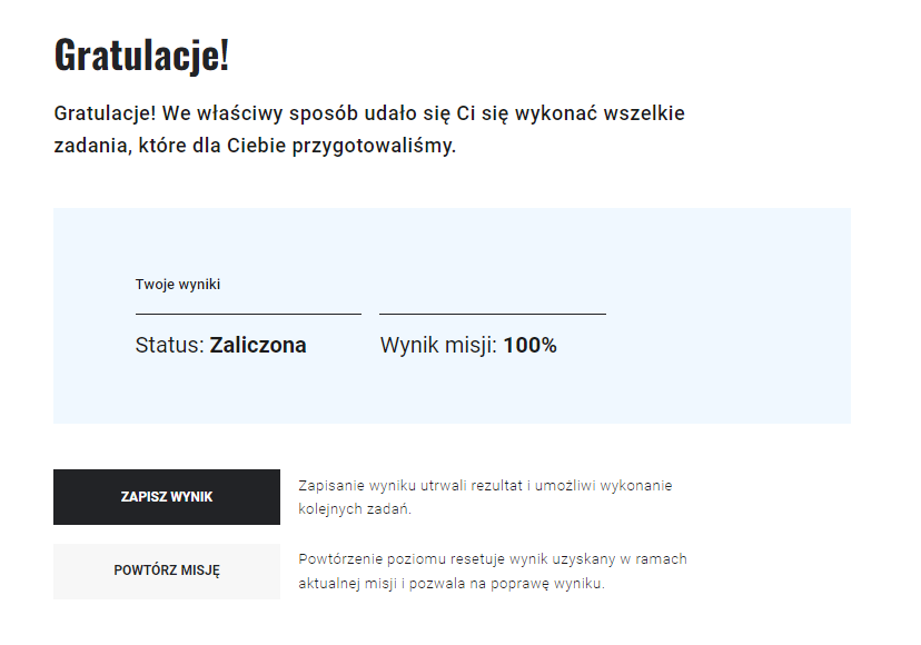 Podsumowanie misji w grze