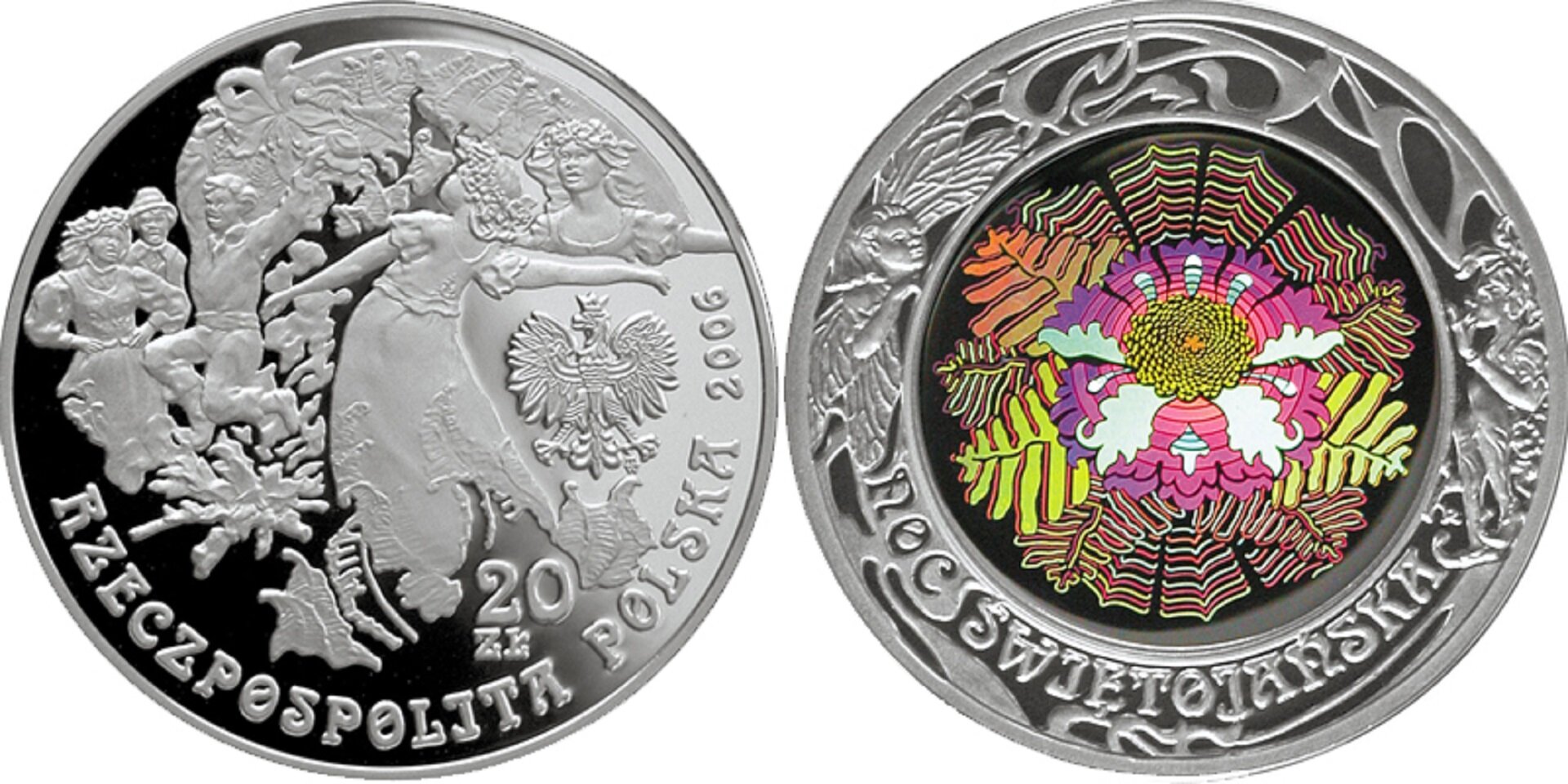 Ilustracja przedstawia zdjęcie monety okolicznościowej z okazji nocy świętojańskiej. Z prawej strony awersu znajduje się godło Rzeczypospolitej Polskiej. Poniżej napis: 20 ZŁ. W centralnej części oraz nad orłem ukazane są wizerunki dziewcząt i chłopców tańczących przy ognisku na tle stylizowanych liści paproci. U dołu umieszczony jest napis: RZECZPOSPOLITA POLSKA oraz rok 2006. Na rewersie, w centrum monety, znajduje się stylizowany wizerunek kwiatu paproci, zmieniający kolory w zależności od kąta patrzenia. W otoku na tle ozdobnego reliefu są stylizowane wizerunki dwóch skrzatów, u dołu półkolem napis: NOC ŚWIĘTOJAŃSKA.