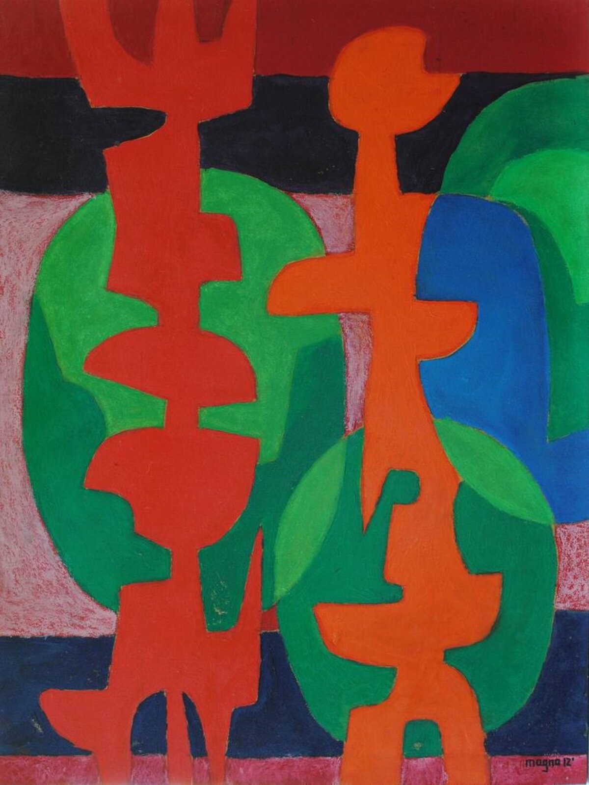 Król i królowa Obraz pod tytułem: Król i królowa, autorstwa Luisito Magno. Na obrazie znajdują się figury o różnych kształtach. Zostały użyte kolory kontrastowe. Na pierwszym planie znajdują się dwie figury, które prezentują tytułową parę króla i królowej. Figury są kolory czerwonego oraz pomarańczowego. Tuż za nimi znajdują się dwa, zielone owalne kształty. Obraz jest jednolity, ma płasko kładziony kolor. Tło stanowią różnej wielkości, poziome pasy.