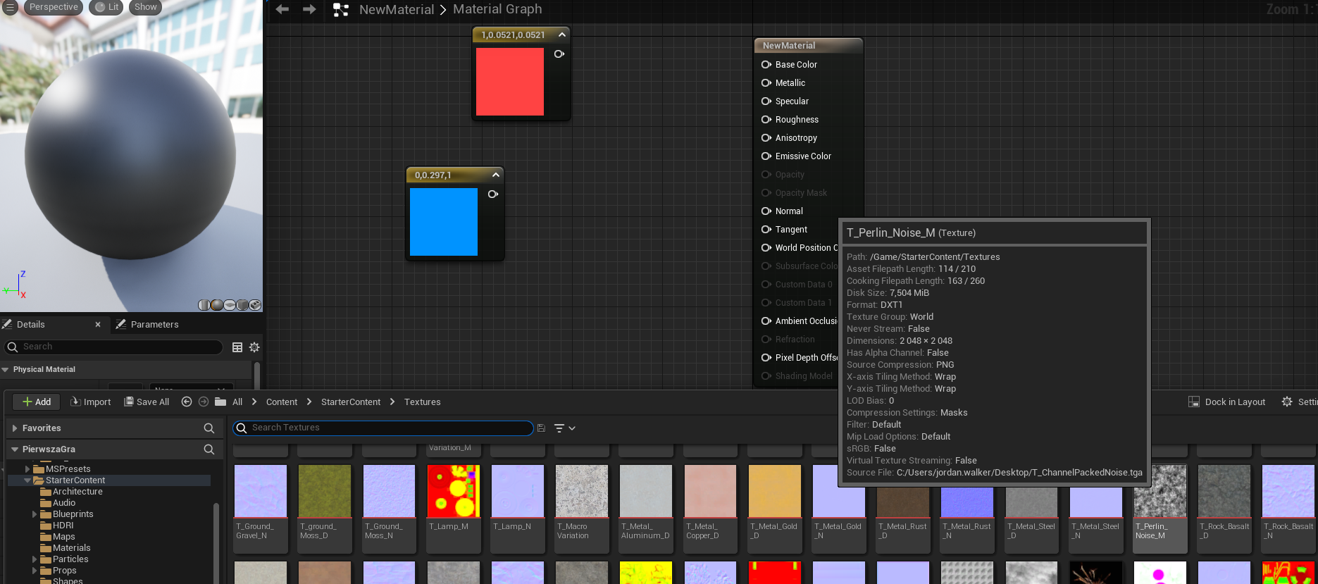 Ilustracja przedstawia okno programu. Po lewej stronie jest obrazek srebrnej kuli. Po prawej stronie sekcje z czerwonym i niebieskim kwadratem, sekcja o nazwie NewMaterial. Poniżej liczne kwadraty w różnych kolorach. 