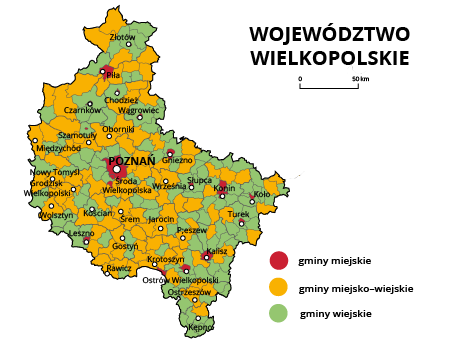 Mapa województwa wielkopolskiego. Na mapie szarymi liniami zaznaczono granice powiatów ziemskich, białymi kropkami zaznaczono miasta będące stolicami powiatów. W obrębie powiatów ziemskich kolorami wyróżniono gminy miejskie (na czerwono), miejsko‑wiejskie (na żółto) i wiejskie (na zielono). Stolicą województwa jest Poznań. Stolicami gmin miejskich są Poznań, Zlotów, Czarnków, Chodzież, Wągrowiec, Gniezno, Słupca, Koło, Kościan, Leszno, Ostrów Wielkopolski, Kępno, Środa Wielkopolska, Piła, Konin, Kalisz. Stolicami gmin miejsko‑wiejskich są Szamotuły, Obornik, Międzychód, Nowy Tomyśl, Września, Wolsztyn, Pleszew, Gostyń, Krotoszyn, Rawicz, Ostrzeszów, Jarocin, Śrem, Grodzisk Wielkopolski.