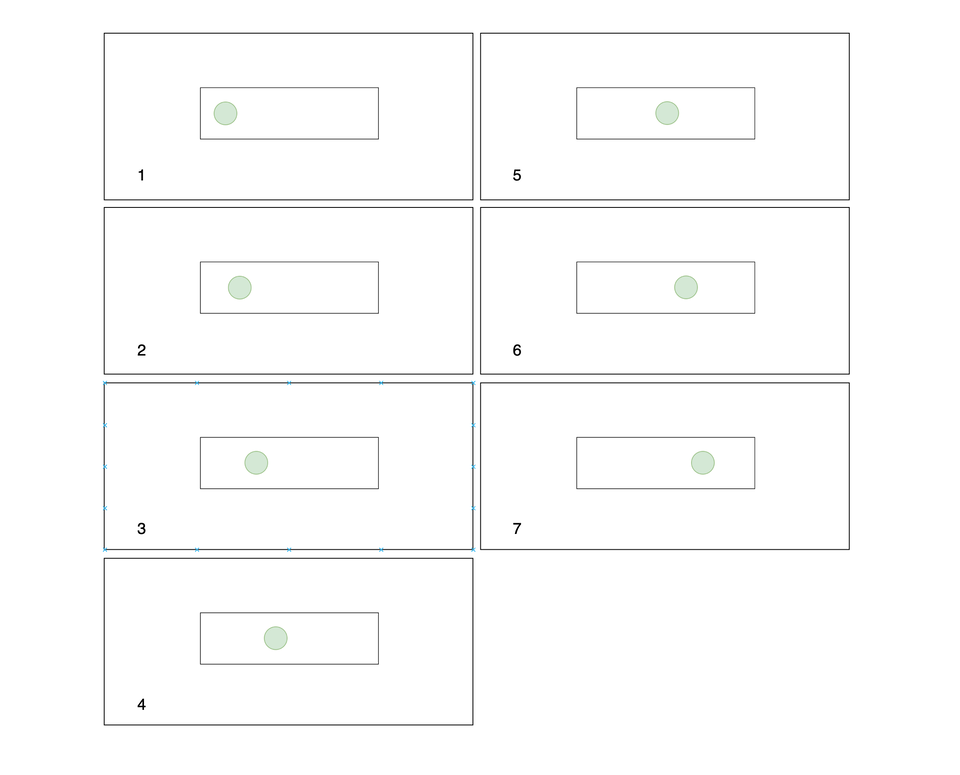Ilustracja przedstawia 7 obrazków tworzących animację.  1. Koło znajduje się przy lewym boku prostokąta.  2. Koło znajduje się w jednej siódmej  długości prostokąta.  3. Koło znajduje się w dwóch siódmych długości prostokąta.  4. Koło znajduje się w trzech siódmych długości prostokąta.  5. Koło znajduje się w czterech siódmych długości prostokąta.  6. Koło znajduje się w pięciu siódmych długości prostokąta.  7. Koło znajduje się w sześciu siódmych długości prostokąta.    