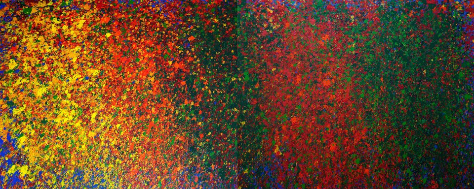 Na obrazie znajdują się różnobarwne, wyraziste plamy niewielkich rozmiarów, przypominające kropki. Po prawej stronie są koloru zielonego, następnie przechodzą w czerwony, zielony, pomarańczowy, żółty. Na obrazie znajdują się także niebieskie kropki.