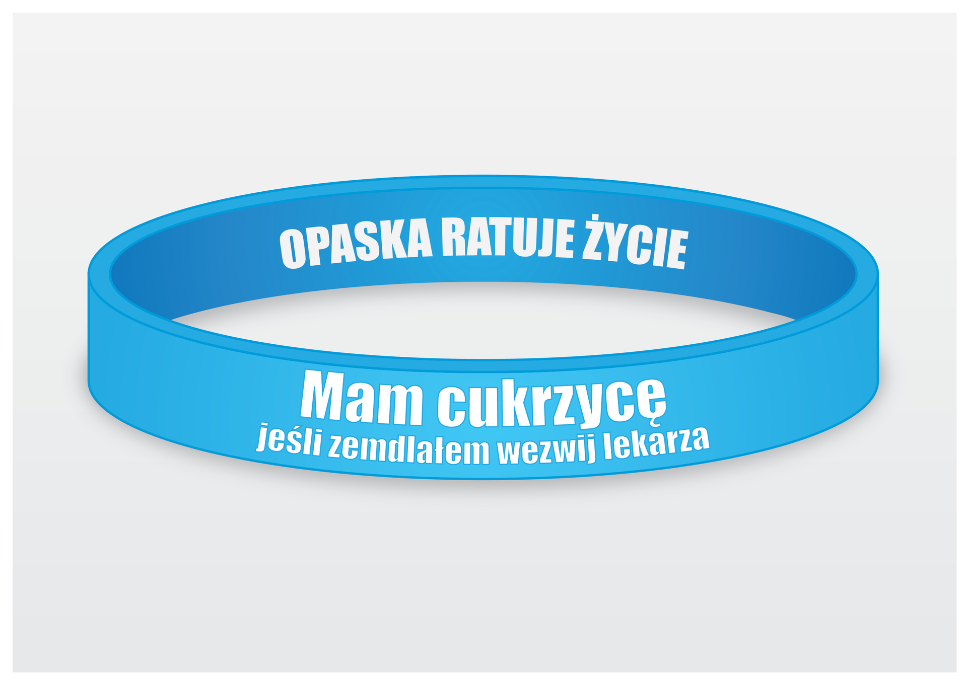 Ilustracja przedstawia bransoletkę z niebieskiego tworzywa z napisem: "Mam cukrzycę. Jeśli zemdlałem, wezwij lekarza".