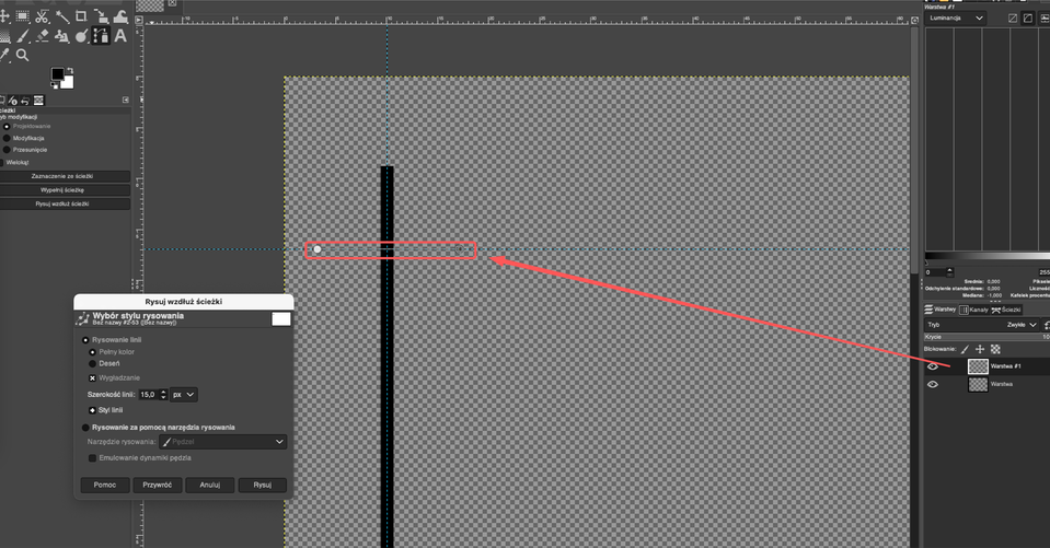 Ilustracja przedstawia okno programu. Po lewej stronie okna jest panel dotyczący Ścieżek. Na ilustracji jest okno o nazwie: Rysuj wzdłuż ścieżki. W obszarze roboczym jest pole z licznymi szarymi kwadratami. Po lewej stronie obszaru jest grubsza czarna pionowa linia. Po prawej stronie jest panel dotyczący Warstw. Obok ikony oka jest prostokąt z szarymi drobnymi kwadratami. Obok jest nazwa: Warstwa hasz 1.    