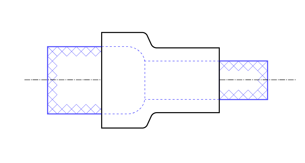 Ilustracja przedstawia rysunek techniczny rdzenników i rdzennic rysowanych wewnątrz odlewu. Stanowią go od lewej strony kolejno niebieski prostokąt usytuowany tak, że jego dłuższy bok zorientowany jest pionowo. Przez jego środek poziomo poprowadzona jest przerywana linia. Wzdłuż boków (górnego, lewego i dolnego) opisywanego prostokąta znajdują się stykające się wierzchołkami kwadraty. Drugą część rysunku stanowi przypominający prostokąt element o dłuższym boku zorientowanym pionowo. Jest on dłuższy niż długi bok pierwszego prostokąta. Górny i dolny bo opisywanego prostokąta kierują się łagodnie, odpowiednio do dołu i do góry, a następnie ponownie się wypłaszczają stanowiąc poziome linie ograniczone pionową linią. Linia ta stanowi jeden z boków kolejnego prostokąta. Przy czym bok ten zajmuje jedynie część linii. Pozostałe boki są niebieskie. Dłuższy bok prostokąta zorientowany jest poziomo. A we wnętrzu wzdłuż niebieskich boków (to jest górnego, prawego i dolnego) narysowane są niebieskie, stykające się wierzchołkami kwadraty. Przez środek prostokąta przechodzi pozioma przerywana linia. We wnętrzu środkowej części ze zwężającym się w poziomie fragmentem znajdują się przerywane, niebieskie linie. Dwie zorientowane poziomo i symetrycznie poprowadzone są od prawej strony i stanowią przedłużenie dłuższych boków prawego prostokąta znajdujących się na górze i na dole. Trzecia przerywana linia poprowadzona jest od dolnego boku lewego prostokąta, zakręca do góry, kieruje się pionowo, po czym skręca w lewo w stronę górnego boku lewego prostokąta. 