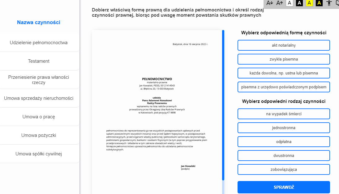 Przykładowy widok na program ćwiczeniowy, po lewej stronie znajduje się menu z nazwami czynności, na środku wzór dokumentu - pełnomocnictwo, natomiast po prawej stronie dwa zadania do wykonania - wybór formy czynności oraz rodzaju czynności spośród dostępnych.