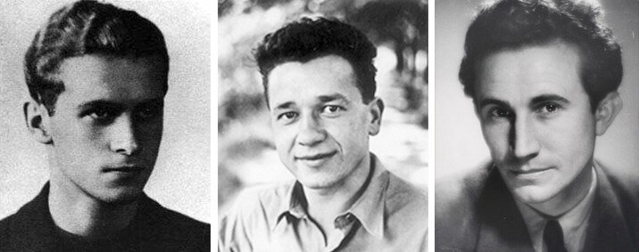 Z lewej strony: Krzysztof Kamil Baczyński. Młody mężczyzna o pociągłej twarzy, ciemnych, falowanych włosach i przenikliwym spojrzeniu skierowanym lekko w bok. Ubrany w ciemny sweter. W środku: Tadeusz Borowski. Uśmiechnięty mężczyzna o krótkich, ciemnych, kręconych włosach. Ma na sobie jasną koszulę z kołnierzykiem. Z prawej strony: Tadeusz Różewicz. Mężczyzna o gęstych, ciemnych włosach, patrzący prosto w obiektyw. Ubrany w marynarkę, białą koszulę i krawat. Wszyscy to młodzi mężczyźni.