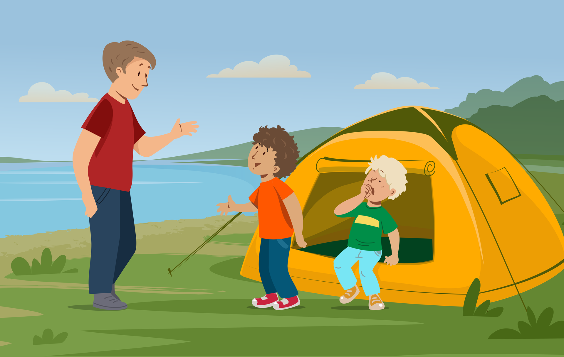 Ilustracja przedstawia chłopców wychodzących z namiotu, który stoi nad jeziorem. Przed namiotem czeka na nich tata