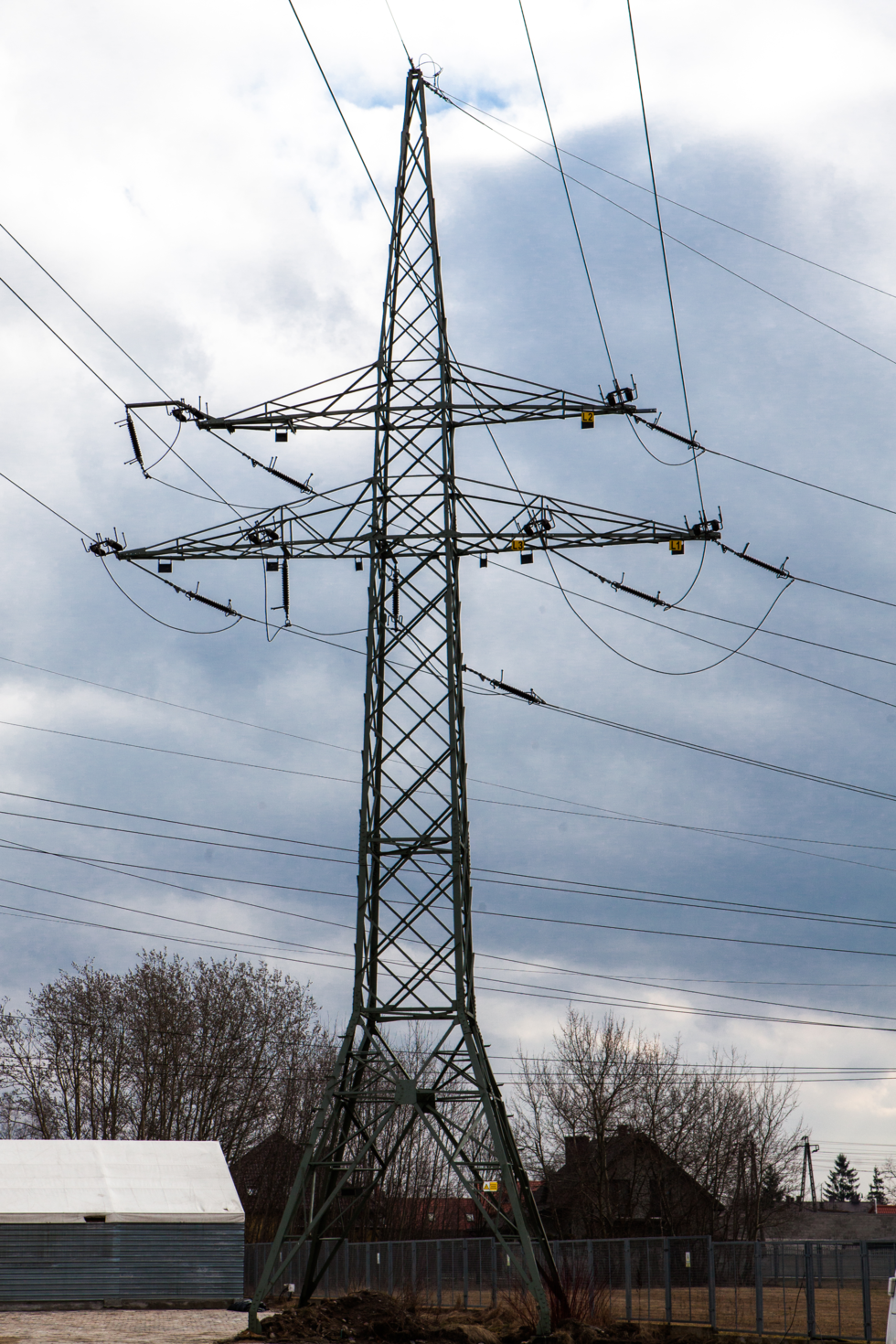 Fotografia przedstawia wysoki, metalowy słup wysokiego napięcia z podłączonymi czarnymi kablami.Pod słupem znajdują się drzewa bez liści oraz niskie zabudowania.