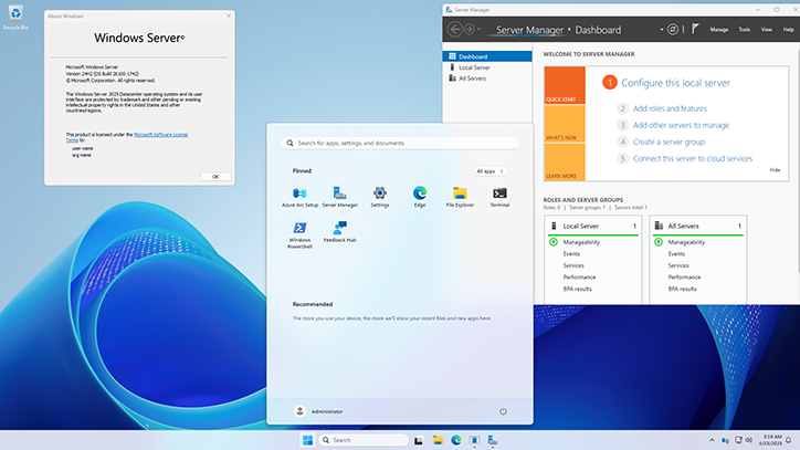 Zrzut ekranu prezentuje okno systemu operacyjnego Windows serwer. Po prawej stronie widoczne jest okno dialogowe ustawień serwera, a po lewej stronie okno z nazwą systemu operacyjnego i podstawowe informacje o systemie. W centralnej części jest otwarte okno menu start. 
