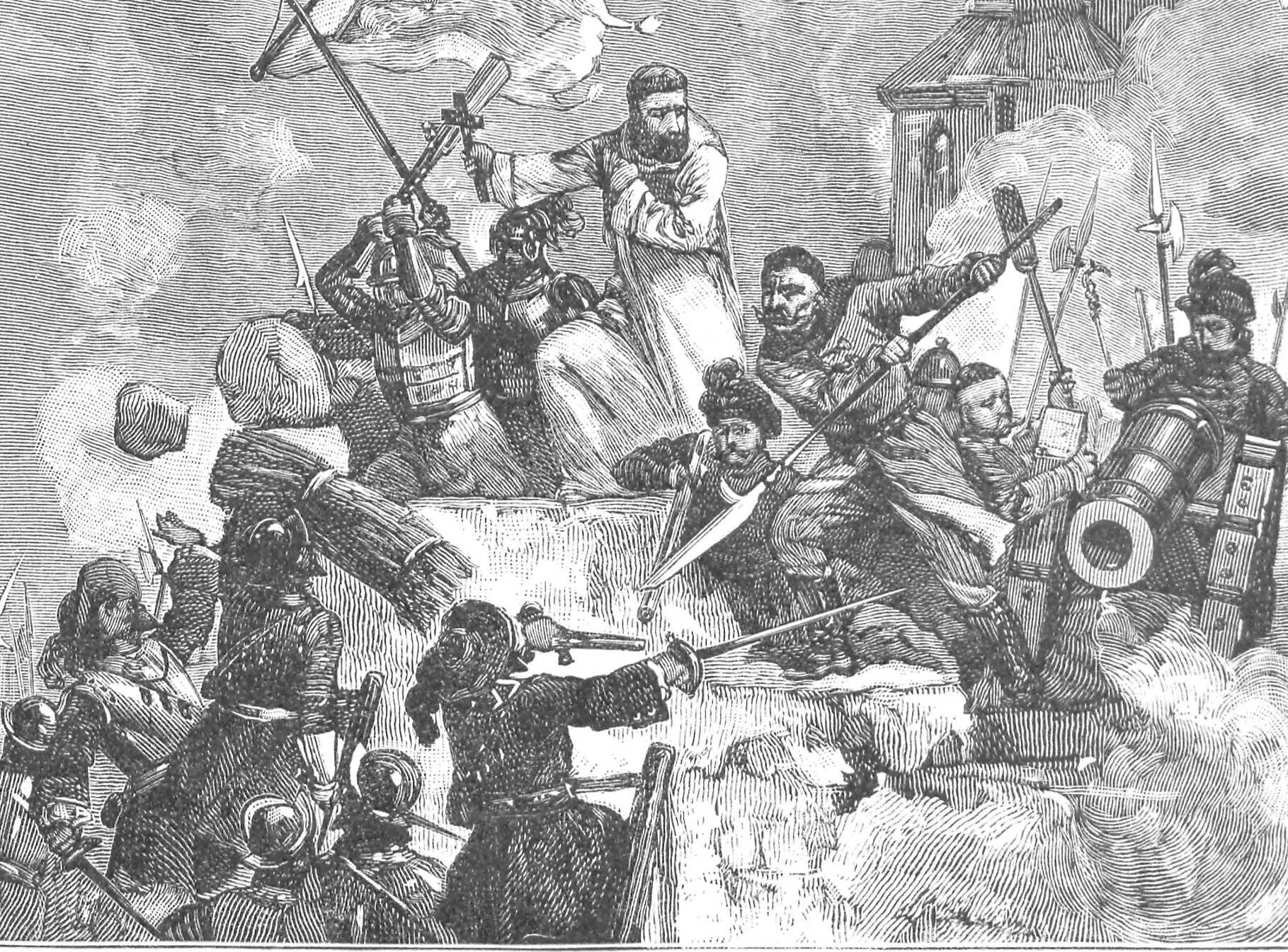 Ilustracja przedstawia scenę bitwy na wzgórzu. Wojownicy walczą długimi włóczniami oraz szablami. Jeden z walczących obsługuje działo armatnie. Nad żołnierzami stoi duchowny z krzyżem w ręku.