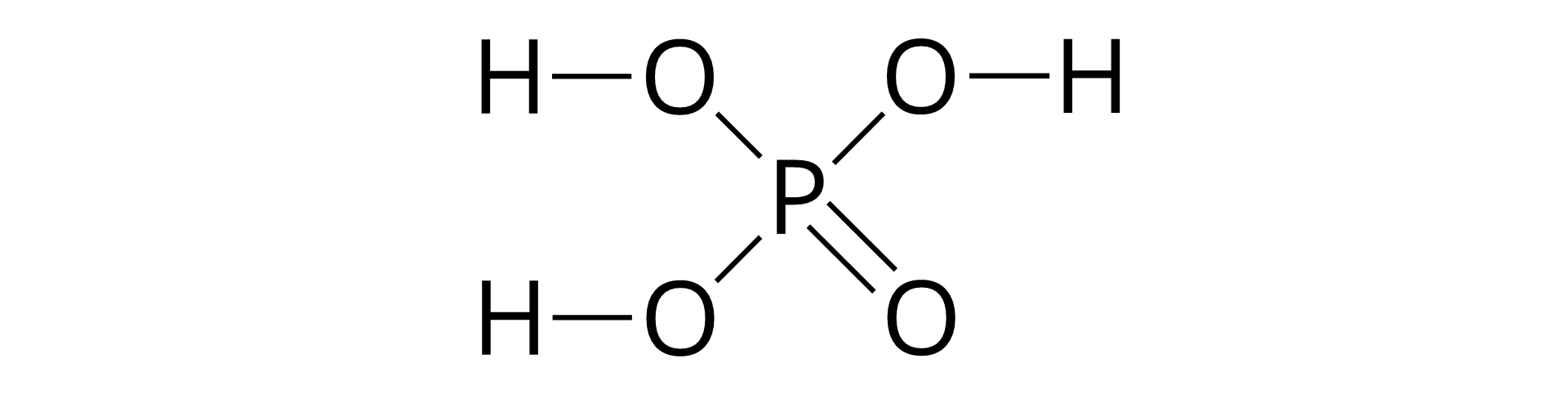 Grafika przedstawia wzór strukturalny kwasu fosforowego(V). Po lewej stronie znajdują się dwa atomy wodoru jeden nad drugim. Od każdego z nich wychodzi pozioma kreska, symbolizująca wiązanie, i łączy każdą z nich z jednym atomem tlenu. Jeden atom tlenu znajduje się nad drugim atomem. Po prawej stronie pośrodku dwóch atomów tlenu znajduje się atom fosforu, który jest połączony z tymi dwoma atomami przy pomocy pojedynczych kresek. Po prawej stronie atomu fosforu znajdują się dwa atomy tlenu, jeden nad drugim, na tej samej wysokości co atomy wodoru i tlenu po lewej stronie. Atom, znajdujący się wyżej, jest połączony z atomem fosforu pojedynczym wiązaniem. Po drugiej stronie atomu tlenu znajduje się atom wodoru połączony poziomą kreską. Drugi atom tlenu jest połączony z atomem fosforu przy pomocy podwójnego wiązania.