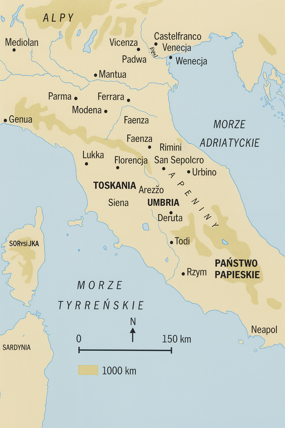 Ilustracja przedstawia mapę Włoch w okresie renesansu - fragment od Wenecji na północy po Neapol na południu.
