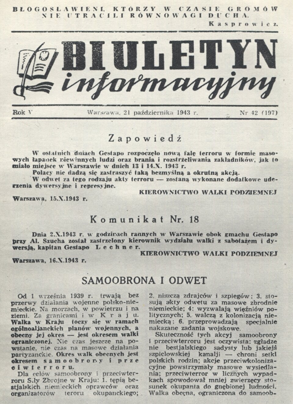 Na zdjęciu znajduje się pierwsza strona Biuletynu informacyjnego. Na górze strony jest tytuł. Poniżej tekst podzielony na kolumny. 