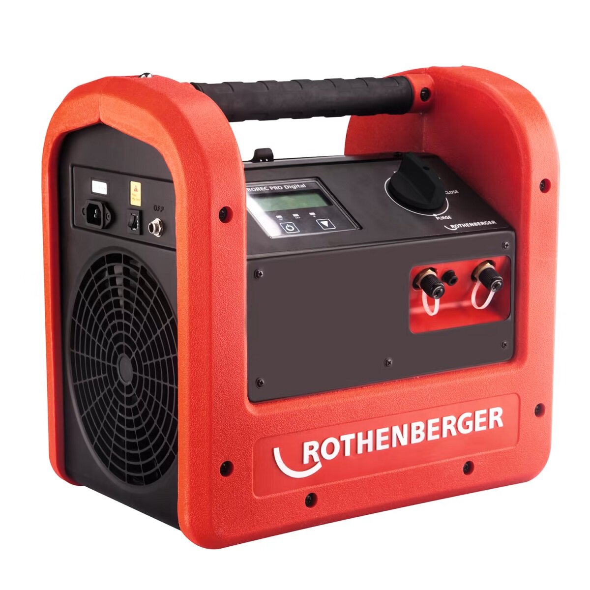Zdjęcie przedstawia czerwone urządzenie w kształcie prostopadłościanu z uchwytem do przenoszenia. Na przedniej ścianie wyświetlacz, duże pokrętło oraz dwa zawory do podłączenia węży elastycznych. Na bocznej ścianie urządzenia widoczny wentylator.