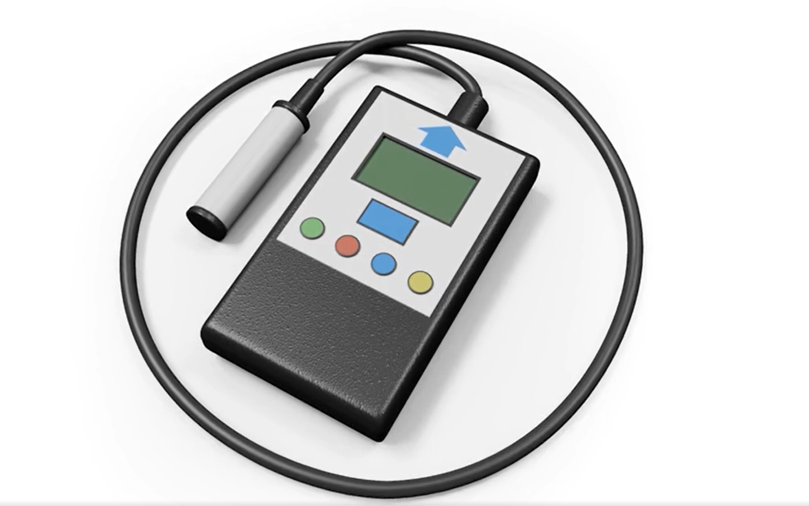 Na grafice przedstawiono urządzenie do pomiaru grubości powłoki lakierowej. Jest to małe urządzenie elektroniczne z ekranikiem, przyciskami i strzałką w górę, która wskazuje na miejsce podpięcia kabla z końcówką pomiarową.