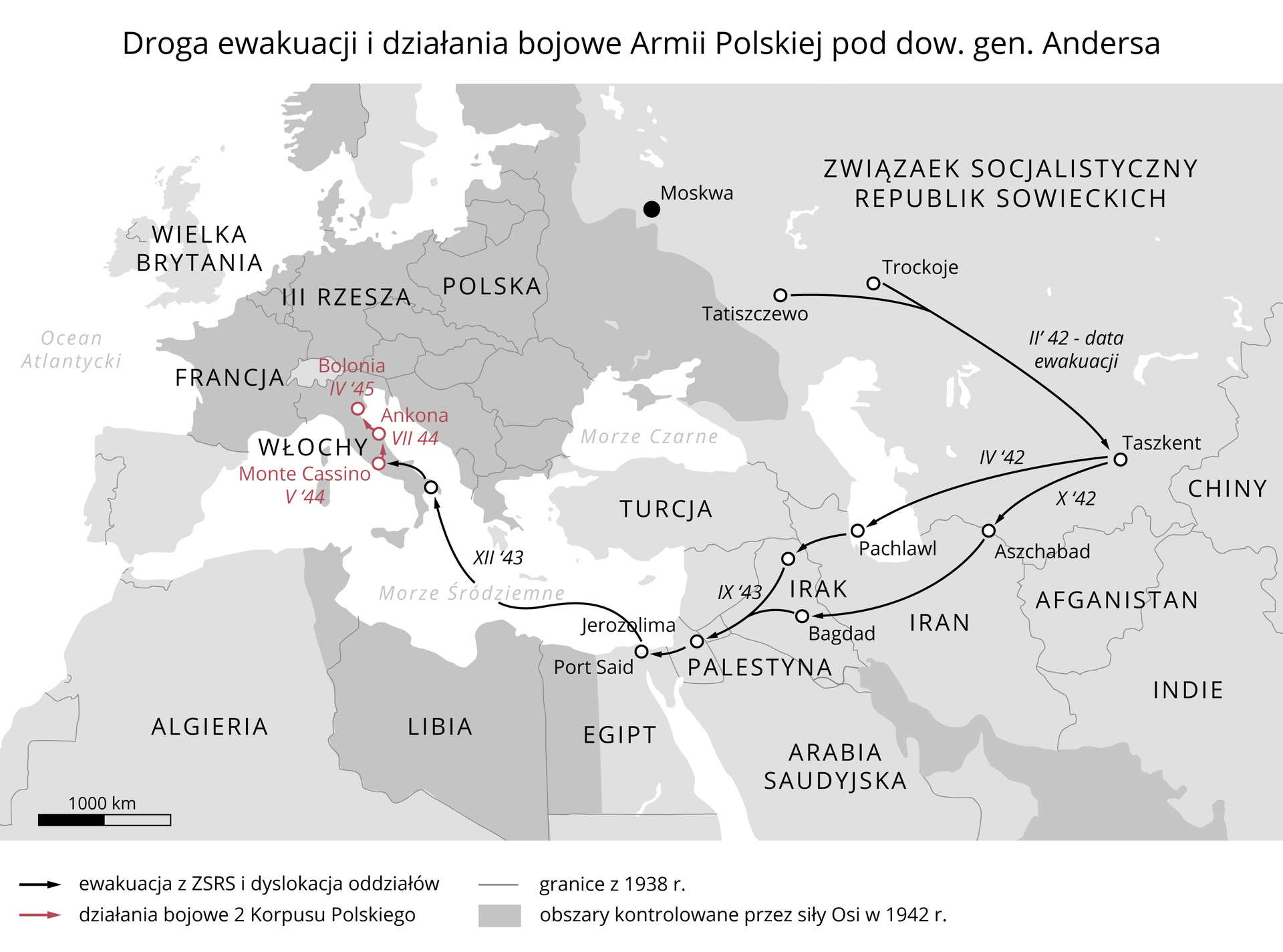 Mapa prezentuje drogi ewakuacji i działań bojowych Armii Polskiej pod dowództwem generała Andersa. Armia ruszyła w lutym 1942 roku z Tatiaszczewa i Trockoje do Taszkientu. Następnie dwoma drogami: pierwszą z Taszkientu przez Pachlawi (kwiecień 1942) przez Irak do Palestyny; drugą z Taszkientu przez Aszchabad (październik 1942) przez Iran, Irak (Bagdad) do Palestyny. Z Palestyny przez Port Said, Morze Śródziemne (grudzień 1943) do Włoch, gdzie stoczone zostały walki pod: Monte Casino (maj 1944), Ankonie (lipiec 1944) i Bolonii (kwiecień 1945).