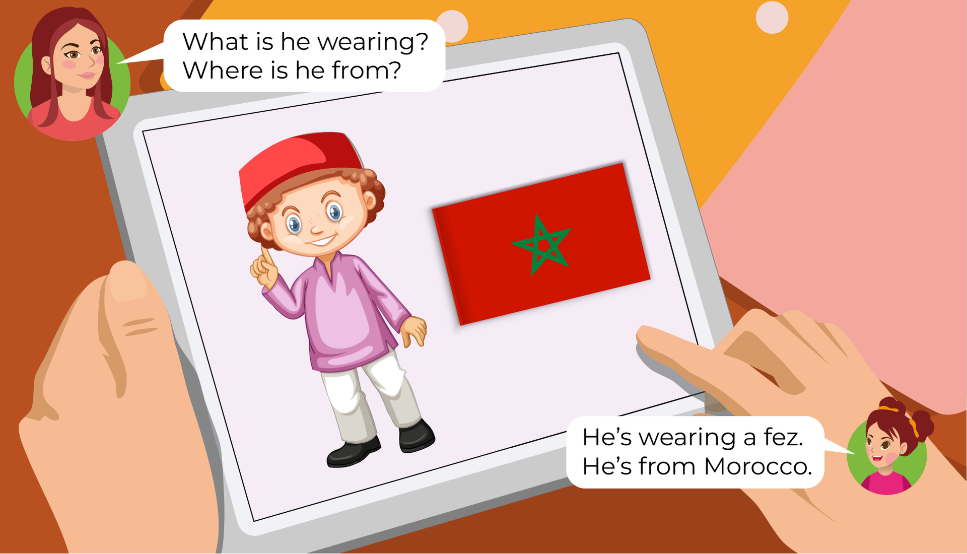 Ilustracja przedstawia tablet trzymany w czyichś dłoniach. W kółeczkach po przeciwległych stronach znajdują się twarze dwóch osób. Mamy i dziewczynki o imieniu  Mia. Mama wypowiada słowa zawarte w chmurce:  What is he wearing? Where is he from? . Dziewczynka wypowiada słowa:  He’s wearing a fez. He’s from Marocco. Na tablecie widzimy młodego chłopca w czerwonej czapeczce bez daszka i flagę Maroko. Jest ona czerwona, a na środku ma zieloną gwiazdę.