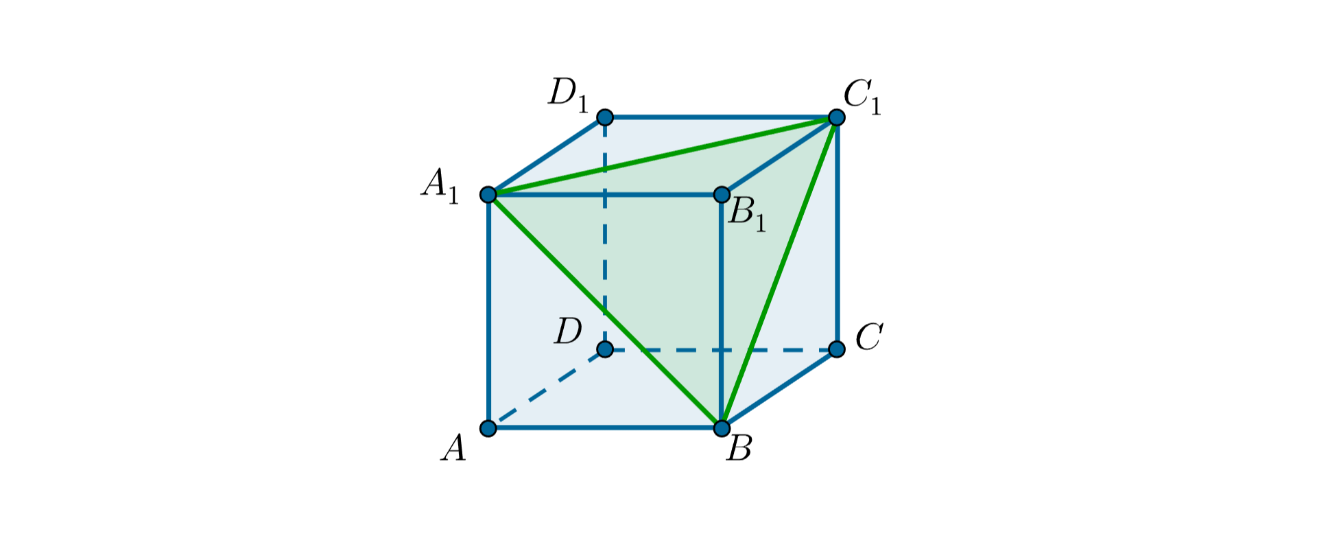 Rysunek przedstawia sześcian. Wierzchołki w podstawie dolnej oznaczone są A B C D, w podstawie górnej odpowiednio A z indeksem dolnym 1, B z indeksem dolnym 1, C z indeksem  dolnym 1, D z indeksem  dolnym 1.  Zaznaczono trójkątny przekrój sześcianu poprowadzony z wierzchołków: A z indeksem  dolnym 1, B, C z indeksem dolnym 1.
