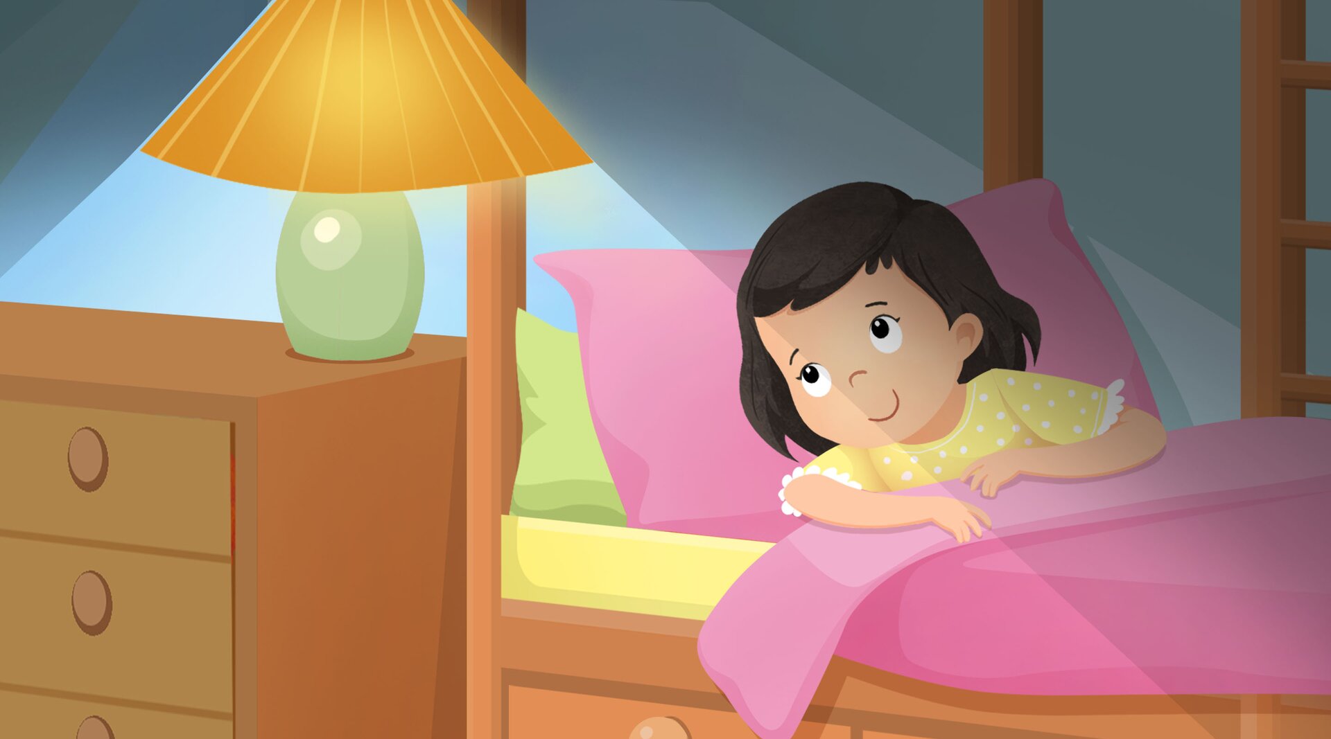 Na ilustracji znajduje się dziewczynka, która kładzie się spać 