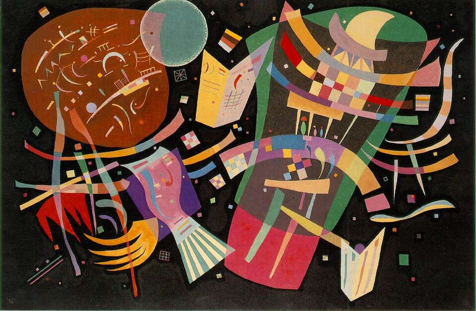 Ilustracja o kształcie poziomego prostokąta przedstawia fragment abstrakcyjnego obrazu Kandinsky’ego na czarnym tle. Widać na nim wielobarwne, nieregularne pola w odcieniach czerwieni, różu, zieleni, żółci, błękitu i brązu, a także liczne łuki, pasy, drobne kwadraty, cienkie linie i półprzezroczyste kształty nakładające się na siebie. Kompozycja jest dynamiczna i rozproszona, bez realistycznych postaci czy przedmiotów.