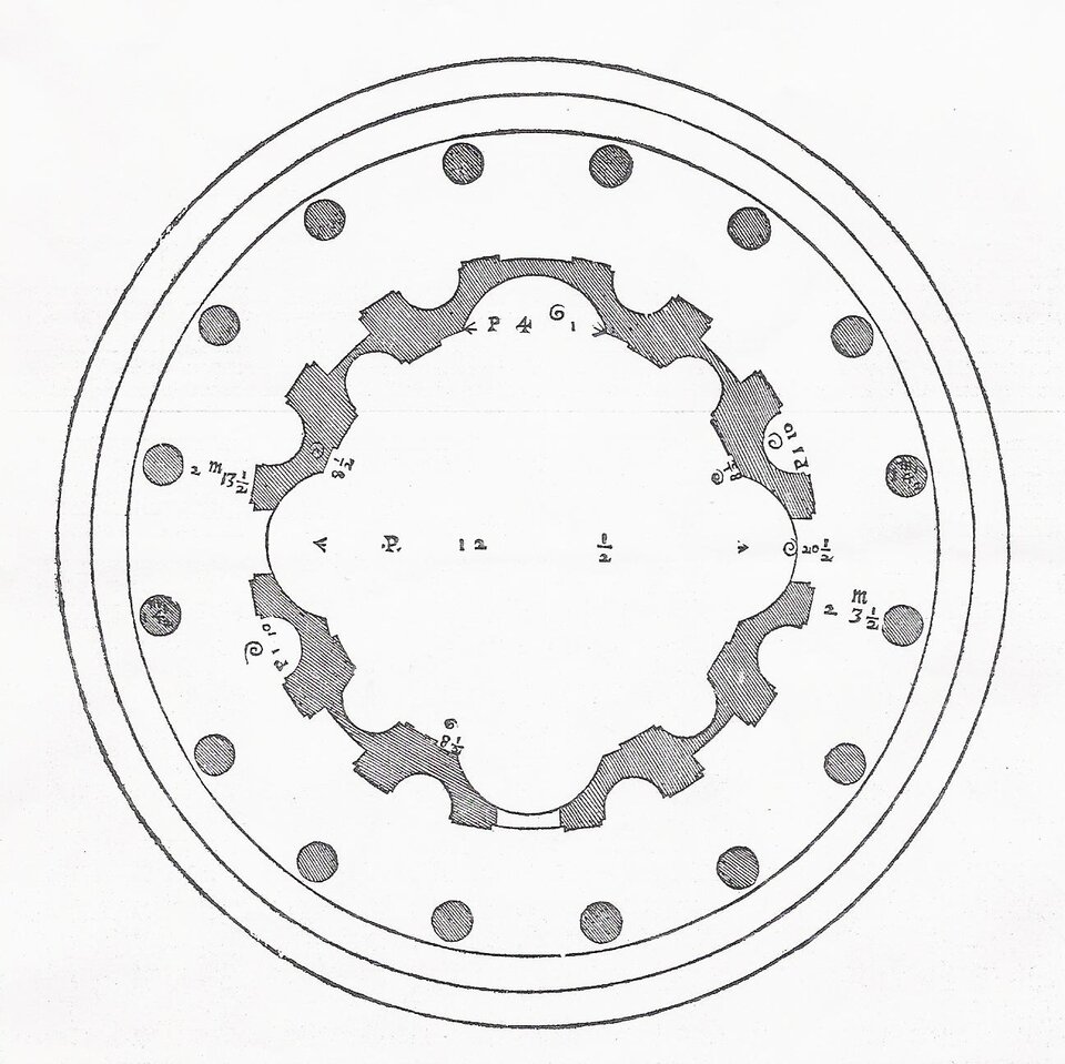 Czarnobiały rysunek architektoniczny w rzucie koła, przedstawiający plan centralnej budowli sakralnej — okrągły pierścień kolumn oraz wewnętrzną, falistą przestrzeń z oznaczeniami i wymiarami technicznymi.