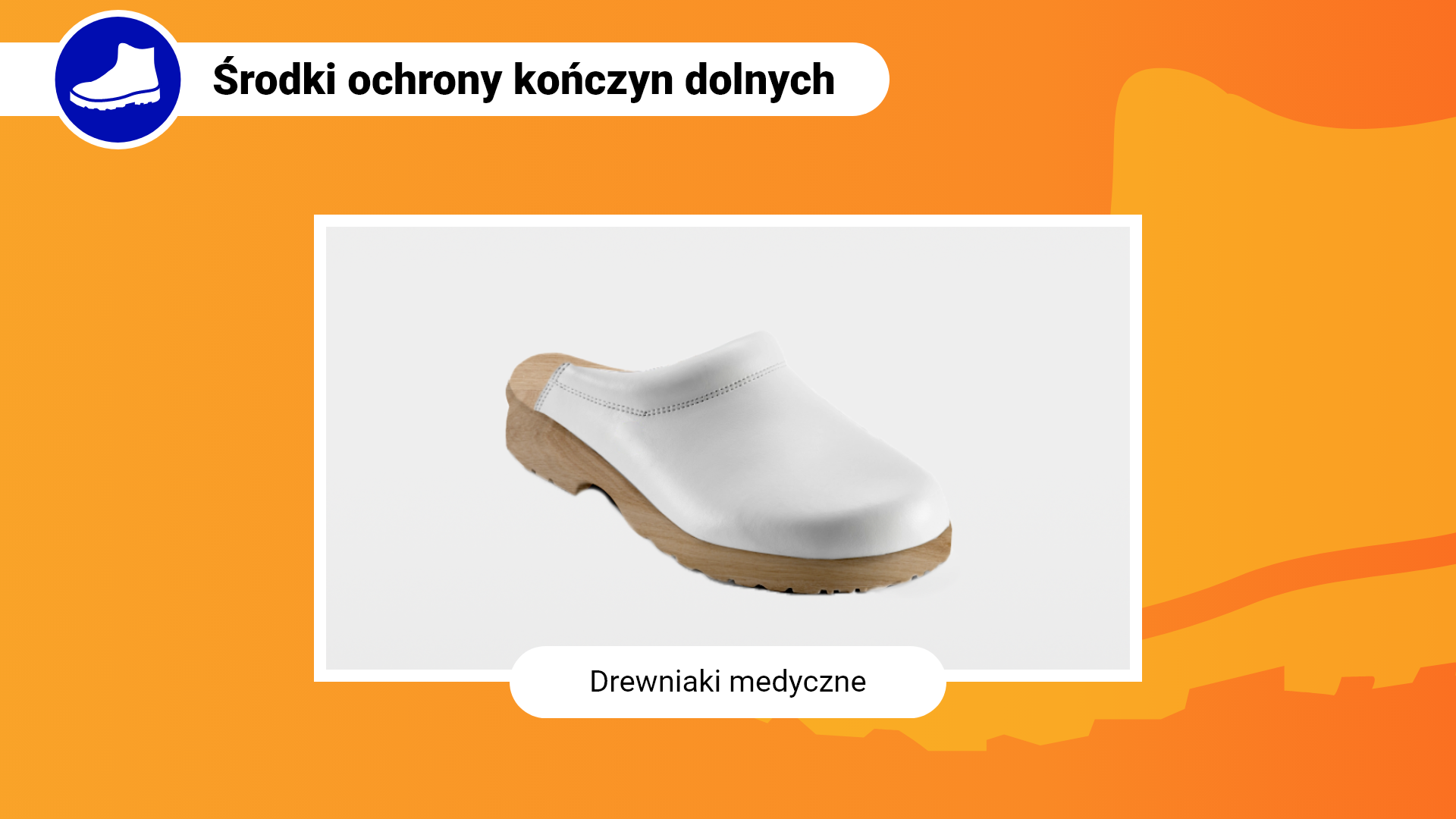 Zdjęcie w ramce z podpisem: drewniaki medyczne. Przedstawia zbliżenie na biały but z otwartą piętą na drewnianej podeszwie.