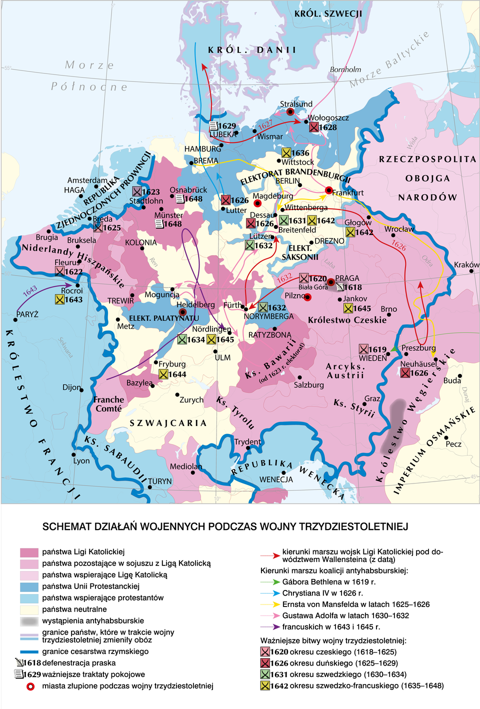 Ilustracja przedstawia mapę schemat działań wojennych w czasie wojny trzydziestoletniej.  Działania prowadzone były na terytorium Niemiec, których granice wyznaczały następujące miasta: Wismar, Strasburg, Wołogoszcz, Frankfurt, Wrocław, Wiedeń, Graz, Trydent, Mediolan, Turyn, Metz, Fleuru, Brugia, Bruksela, Breda, Stadtloh, Brema, Hamburg, Lubeka. Na mapie oznaczono rok i miejsce Defenestracji Praskiej w 1618 roku w Pradze. W 1629 roku miały miejsce ważniejsze traktaty pokojowe w Lubece. Na mapie oznaczono ważniejsze bitwy wojny trzydziestoletniej. 1626 okresu duńskiego (1625 - 1629): 1626 Neuhausel, Dessau, Lutter, Wołogoszcz. 1620 okresu czeskiego (1618 - 1625): 1619 Wiedeń, 1620 Biała Góra, 1622 Fleurus, 1625 Breda. 1631 okresu szwedzkiego (1630 - 1634). 1634 Nordlingen, 1632 Lutzer, 1631 Britenfeld. 1642 okresu szwedzko‑francuskiego (1635 - 1648). 1645 Jankov, 1644 Fryburg, 1643 Rocroi, 1642 Wittenberga, 1642 Głogów, 1636 Wittstock. Mapie oznaczono kierunku marszu boisk Ligi katolickiej pod dowództwem Wallensteina w 1626 z Wittenberga do Preszburga dalej w kierunku Wrocławia. W 1632 spod Pragi na Norymbergę, dalej na Lutzer. W 1627 z Lubeki na Wołogoszcz i do Królestwa Danii. Na mapie oznaczono kierunki marszu koalicji antyhabsburskiej Gabora Bethlena w  1619 roku z Preszburga na Wiedeń. Chrystiana IV w 1626 roku z Królestwa Danii pod Lutter.  Na oznaczono państwa Ligi Katolickiej, pozostające z nią w sojuszu lub wspierające: Niderlandy Hiszpańskie, Księstwo Tyrolu, Księstwo Syrii, Arcyksięstwo Austrii, Księstwo Bawarii, Królestwo Węgierskie, Królestwo Czeskie, Rzeczpospolita Obojga Narodów.  Dalej na mapie oznaczono państwa Unii Protestanckiej i wspierające Unię: Republika Zjednoczonych Prowincji, Królestwo Francji, Republika Wenecka, Królestwo Danii, Królestwo Szwecji, Elekt. Palatynatu, Księstwo Sabaudii. Na mapie oznaczono państwa neutralne: Szwajcaria, Elektorat Brandenburgii, Imperium Osmańskie.  Na mapie oznaczono tereny, na których nastąpiło wystąpienie antyhabsburskie: tereny wokół Pragi i części Królestwa Węgierskiego. 	
