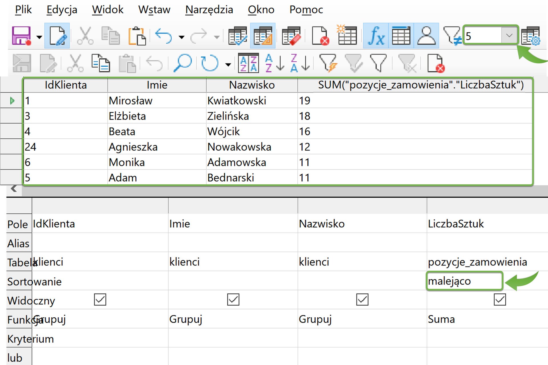 Zrzut ekranu przedstawia program LibreOffice Base. Zielona strzałka wskazuje na pole oznaczone ikoną lejkiem oraz przekreślonym znakiem równości.  W polu tym z listy wybrano liczbę 5.  Na ekranie głównym znajduje się zaznaczono na zielono tabela o nagłówkach: IdKlienta, Imie, Nazwisko, SUM("pozycje_zamowienia"."LiczbaSztuk").  Poniżej znajduje się sześć wierszy z odpowiednimi danymi.  Poniżej znajduje się projekt tabeli.  W wierszu Pole znajdują się: IdKlienta, Imie, Nazwisko, LiczbaSztuk.  W wierszu Tabela znajdują się: klienci, klienci, klienci, pozycje_zamowienia.  W wierszu Sortowanie, w pole gdzie do wiersza Pole znajduje się Liczba sztuk wpisano: malejąco. Pole to zaznaczone jest zielonym kolorem oraz wskazuje na nie strzałka.   W wierszu Widoczny, wszystkie pola wyboru są zaznaczone. W wierszu Funkcja, w kolejne pola wpisano: Grupuj, Grupuj, Grupuj, Suma.