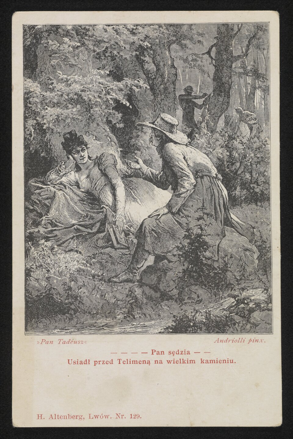 Ilustracja przedstawia scenę rozgrywającą się na leśnej polanie. Na pierwszym planie znajduje się wąski strumień. Przechodzi przez niego dojrzały mężczyzna. Postać ukazuje lewy profil. Ma niewielkie oczy, duży nos i sumiaste wąsy. Na głowie ma kapelusz z szerokim rondem. Jest ubrany w żupan. Jego nogi są szeroko rozstawione. szlachcic opiera lewą dłoń o udo. Prawą kieruje ku kobiecie w sile wieku półleżącej po drzewem. Postać ukazuje owalną twarz w całości. Ma wyraziste brwi, duże oczy, niewielki nos i małe usta. Ma ciemne loki upięte na czubku głowy. Opiera ją o prawą rękę. W lewej dłoni trzyma książkę. Rękę opuszcza wzdłuż ciała. Jest ubrana w długą sukienkę z dużym dekoltem. W głębi, po prawej stronie ukazani są mężczyźni w sile wieku.