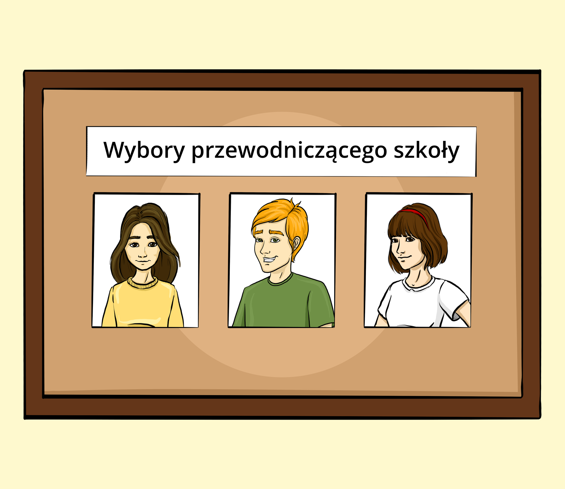 Ilustracja przedstawia ramkę przedstawiającą kandydatów na przewodniczącego szkoły. Na górze ramki znajduje się napis. Wybory przewodniczącego szkoły. Pod spodem znajdują się trzy wizerunki osób. Dziewczyny w ciemnych długich włosach. Chłopaka w jasnych krótkich włosach oraz dziewczyny w krótkich brązowych włosach.