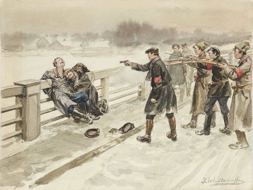 Ilustracja przedstawia czterech żołnierzy strzelających do dwóch, związanych mężczyzn, którzy osuwają się na płot, ich czapki leżą na ziemi. Wszędzie leży śnieg.