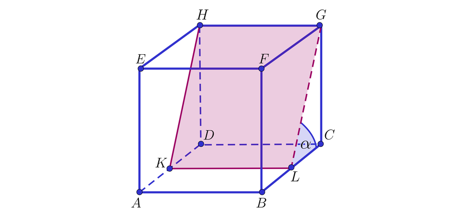 Ilustracja przedstawia sześcian A B C D E F G H. W połowie krawędzi bocznych  A D i B C poprowadzono odcinek K L , równoległy do odcinka A B. Punkt K połączono z wierzchołkiem H, natomiast punkt L z wierzchołkiem G tworząc tym samym nową płaszczyznę wewnątrz sześcianu. Na ilustracji zaznaczony został także kąt alfa przy punkcie L, opisujący nachylenie płaszczyzny do podstawy  A B C D. 