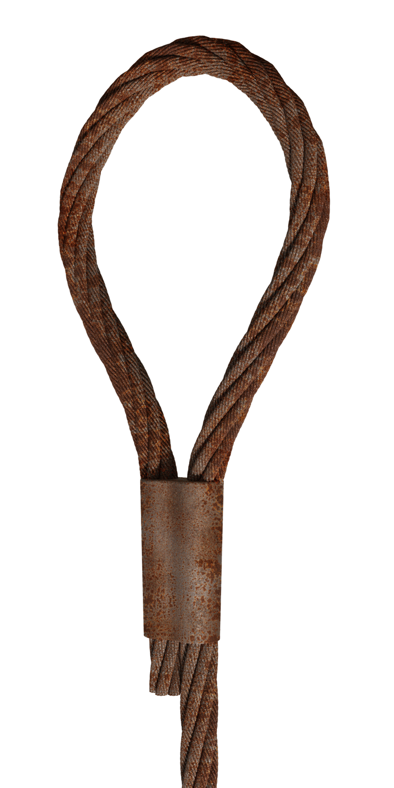 Na zdjęciu przedstawione jest zawiesie linowe bez kauszy.Podstawą zawiesia jest stalowa lina. Splotki liny nachodzą na siebie tworząc strukturę zbliżoną do warkocza. Na dole lina, zakręca tworząc pętle. Końcówka liny po obu stronach jest spięta z główną części liny w okolicach początku pętli, stalową obejmą. Obejma jest zbliżona kształtem do cyfry osiem. Lina jest pokryta rdzą.