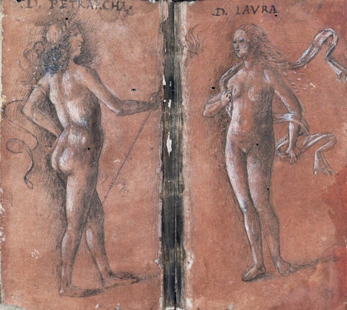 Rycina przedstawia dwie nagie postacie stojące naprzeciw siebie. To młoda kobieta i młody mężczyzna.