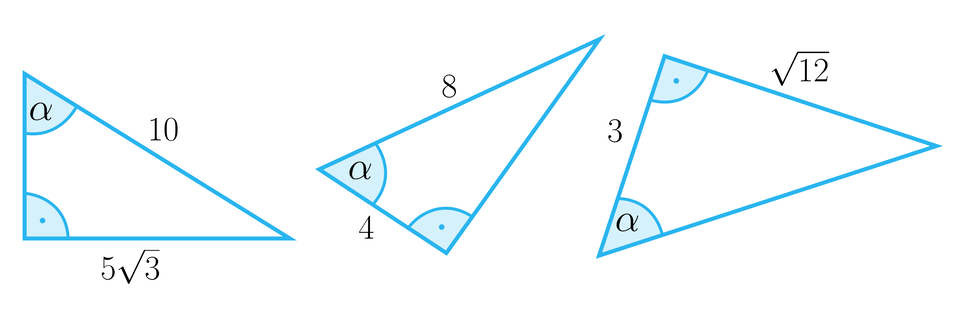 Rysunek przedstawia 3 trójkąty prostokątne. Jedna przyprostokątna pierwszego trójkąta ma długość 5 pierwiastków kwadratowych z trzech. Przeciwprostokątna ma długość dziesięć. Kąt pomiędzy drugą przyprostokątną a przeciwprostokątną jest podpisany literą alfa. Przyprostokątna drugiego trójkąta ma długość 4, przeciwprostokątna ma długość 8, kąt między przyprostokątną o długości 4 i przeciwprostokątną jest podpisany literą alfa. Jedna z przyprostokątnych trzeciego trójkąta ma długość pierwiastek kwadratowy z dwunastu, a druga przyprostokątna ma długość trzy. Kąt pomiędzy przyprostokątną o długości 3, a przeciwprostokątną jest podpisany literą alfa.