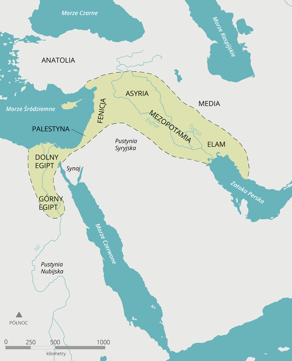 Mapa ukazuje teren Żyznego Półksiężyca, który rozciąga się od Zatoki Perskiej, przez rzeki Tygrys i Eufrat, aż do Nilu. Obejmuje również Cypr i całe wschodnie wybrzeże Morza Śródziemnego. Regionami Żyznego Półksiężyca są Górny Egipt, Dolny Egipt, Palestyna, Fenicja, Asyria, Mezopotamia i Elam. 