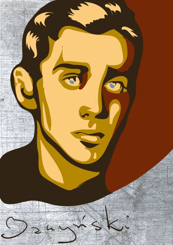 Ilustracja przedstawia twarz młodego mężczyzny. Mężczyzna obraca głowę w swoją lewą stronę. Czoło mężczyzny jest gładkie, brwi gęste, a oczy głęboko osadzone. Mężczyzna ma prosty nos i wydatne usta, krótkie, proste, zaczesane ku górze włosy. Pod portretem umieszczono podpis: Baczyński.