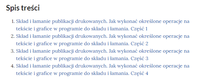 Grafika przedstawia widok spisu treści filmów instruktażowych.