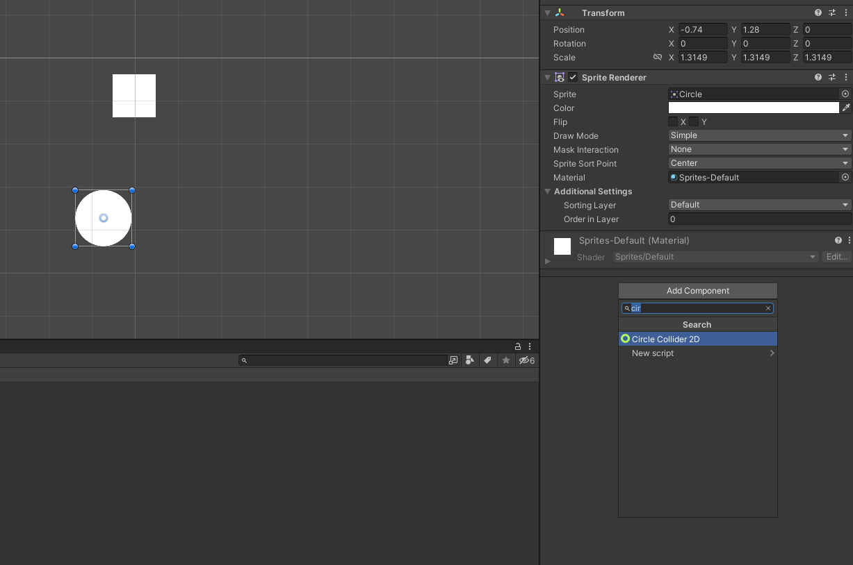 Ilustracja przedstawia pole gry. Oprócz białego kwadratu pojawia się białe koło. Po prawej stronie okno o nazwie Add Component, wybrano Circle Collider 2D. 