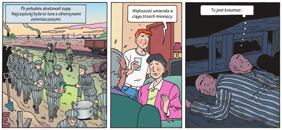 Ilustracja w trzech częściach. część pierwsza: więźniowie w pasiakach stoją w kolejce, więzień przy kotle nalewa chochlą zupę kolejnemu więźniowi, nadzoruje to strażnik  w mundurze, napis nad ilustracją: "Po południu dostawali zupę. Najczęściej była to lura z obierzynami ziemniaczanymi". część druga ilustracji; współczesny pokój, trzy osoby, dwie dorosłe kobiety i nastolatek, napis w dymku: "Większość umierała w ciągu trzech miesięcy.". Część trzecia ilustracji: noc, wnętrze baraku, na pryczy leży dwóch więźniów, napis w dymku "To jakiś koszmar".