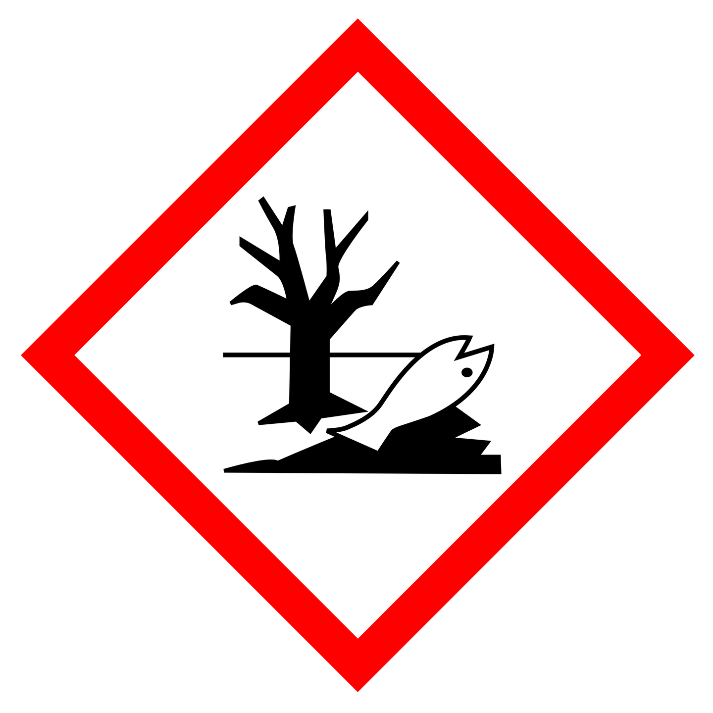 Piktogram przedstawia czerwoną ramkę rombu, w którym jest zobrazowana martwa ryba i drzewo. Piktogram ten oznacza, że produkt jest niebezpieczny dla otoczenia. 