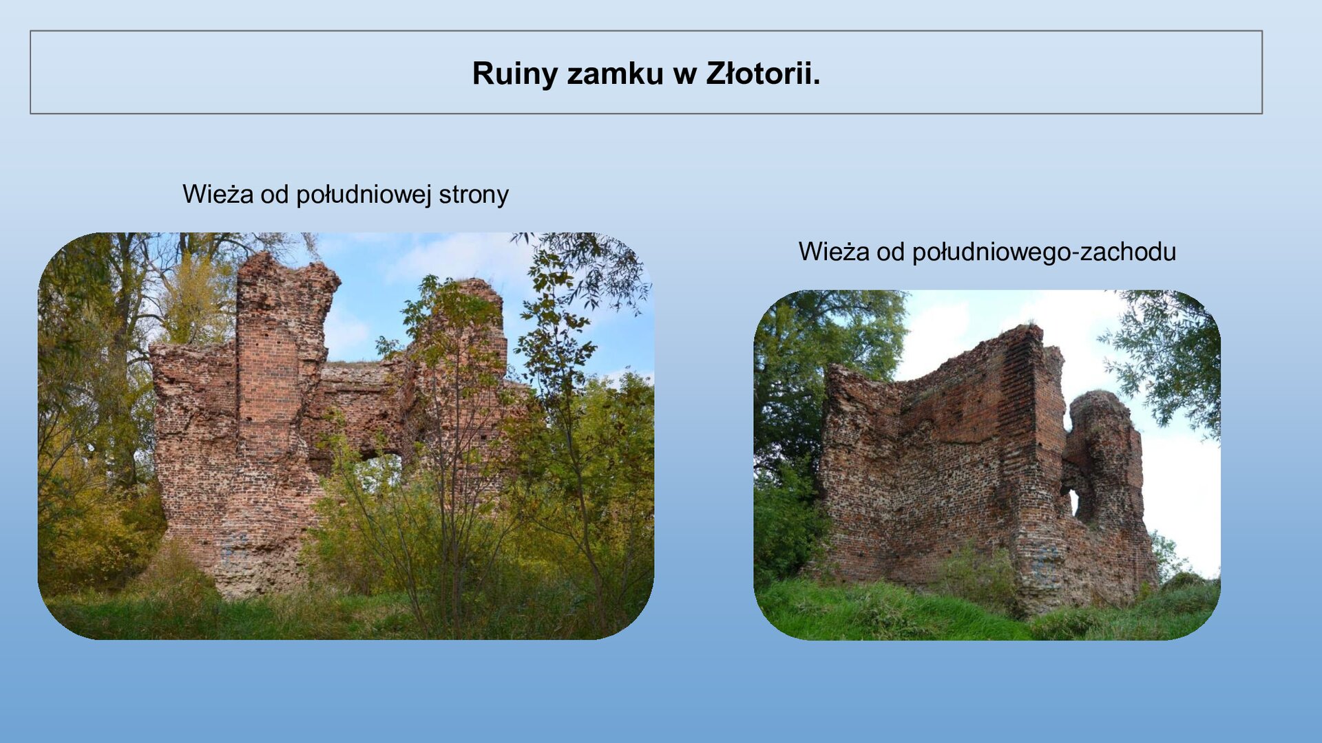 Niebieski slajd. U góry nagłówek: „Ruiny zamku w Złotorii”. Niżej dwa zdjęcia ustawione obok siebie. Oba przedstawiają ruiny ścian zamkowych wykonanych z czerwonej cegły. Wokół ścian rosną zielone krzewy, drzewa i trawa. Nad zdjęciem lewym podpis: „Wieża od południowej strony”, a nad prawym zdjęciem: „Wieża od południowego zachodu”.