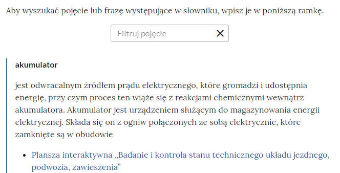 Grafika przedstawia filtrowanie pojęć za pomocą wyszukiwarki. Pod nagłówkiem "aby wyszukać pojęcie lub frazę występujące w słowniku, wpisz je w poniższą ramkę" znajduje się pole z poleceniem "filtruj pojęcie", a poniżej wyświetlają się szukane pojęcia z definicjami.