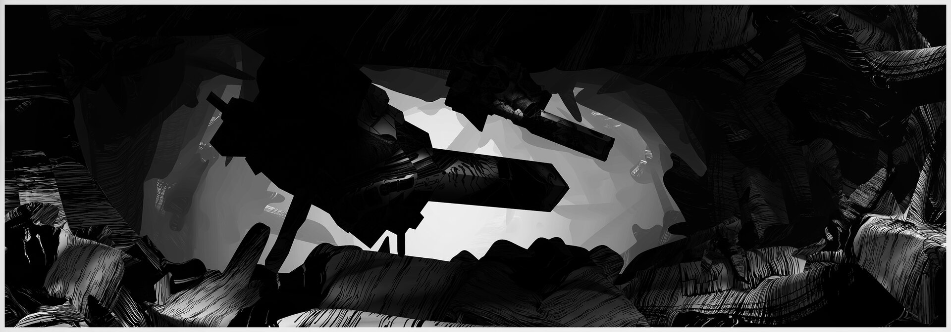 Ilustracja przedstawia obraz Jakuba Jaszewskiego „XRYT‑003”. Ukazuje abstrakcję z grą świateł. Środkowa część jest jasna. Na tym jasnym tle znajdują się kanciaste elementy. Dokoła przestrzeń wypełniona jest różnymi kształtami w kolorach szarym i czarnym.