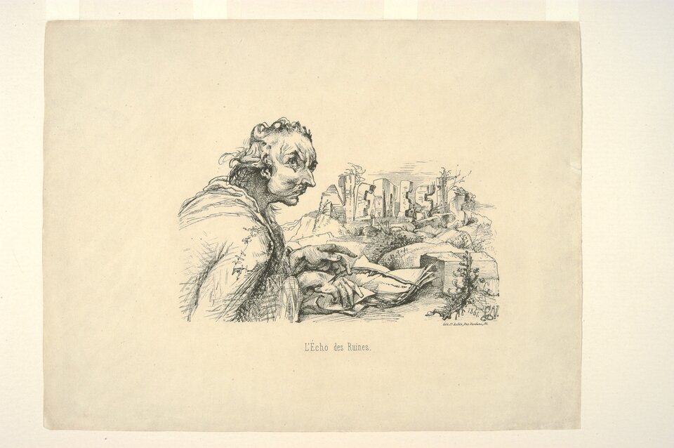 Rysunek przedstawiający mężczyznę przed ruinami.